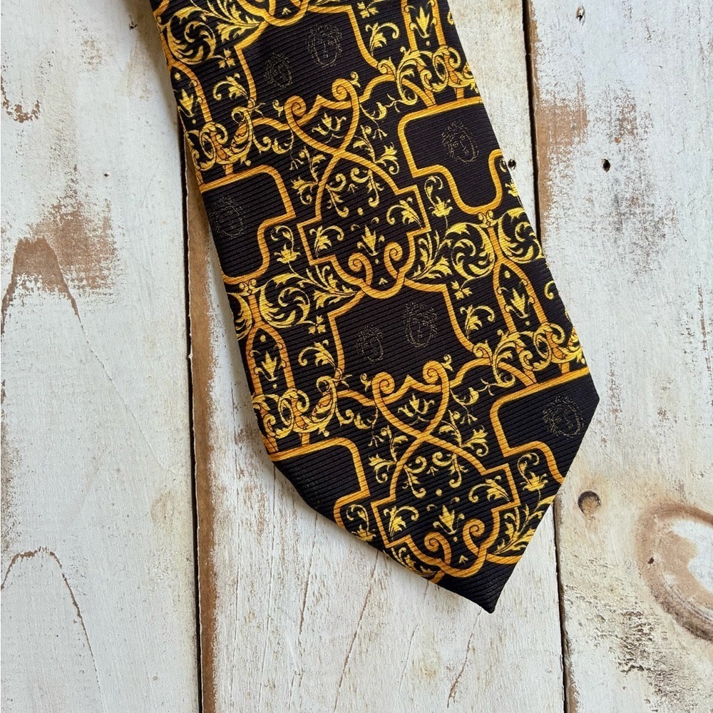 ERVE JACQUES men’s vintage baroque floral ornate silk tie black yellow gold EUC